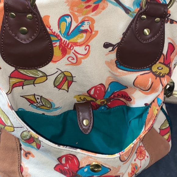 Lucky Brand Purse Boho Bag Floral Bird Butterfly Cotton LeatherSuede Trim Hippie - Picture 4 of 11